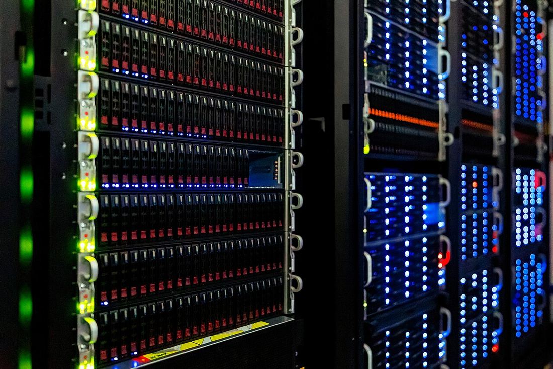 Rows of server racks inside a data centre